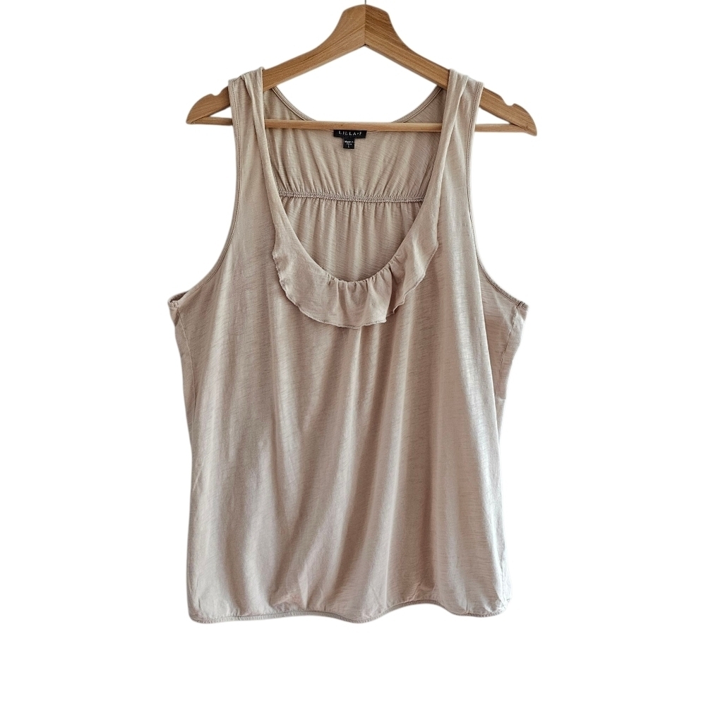 Lilla P. Ruffle Detail Tank Top in Cream Oatmeal Sand Color Heathered Size Large